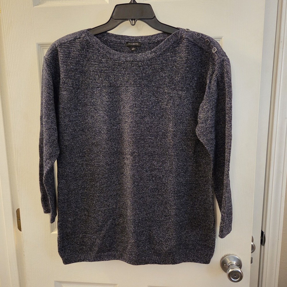Talbots sz L blue heathered lightweight knit ls tunic top casual career basic
